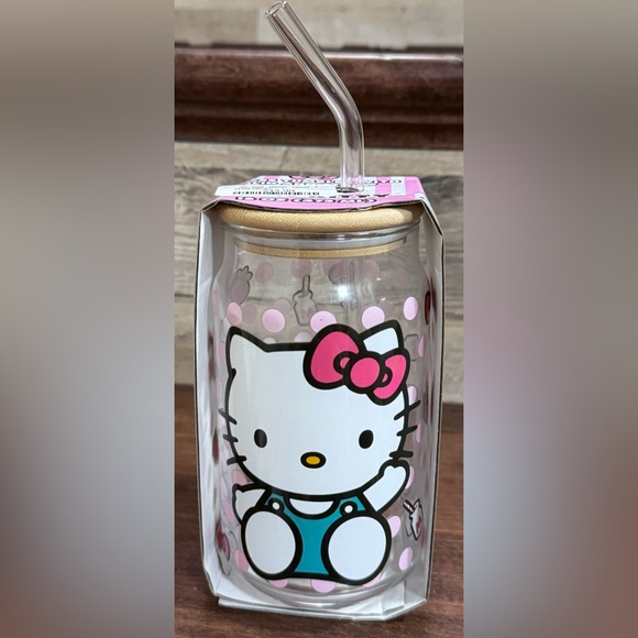 Hello Kitty Glass Tumbler With Bamboo Lid And Glass Straw - NEW - Picture 4 of 10